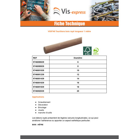 1 x Tourillon en bois strié Diamètre 20 Longueur 1 mètre