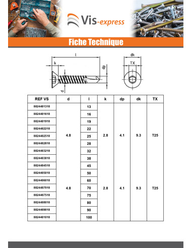 1 x Vis autoperceuse Tête fraisée 3.5X13 TORX...