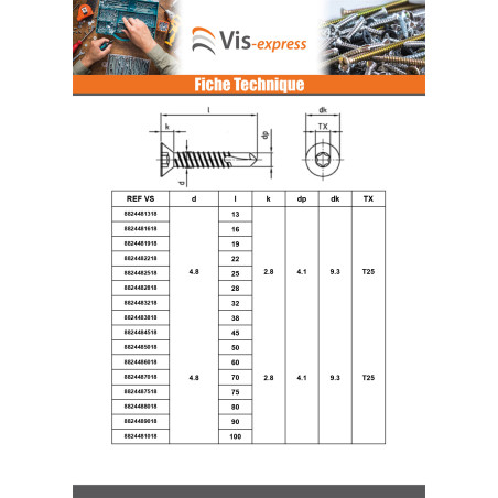 1 x Vis autoperceuse Tête fraisée 3.5X13 TORX T10 Inox AISI 410