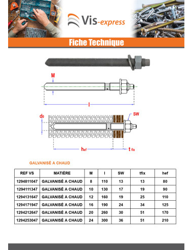 1 x Tige filetée Ancrage CHIMIQUE M24X300 Acier...