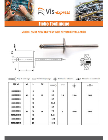 1 x Rivet Aveugle Tout Inox Tête extra large...