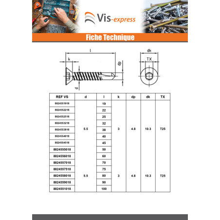 1 x Vis autoperceuse Tête fraisée 4.8X50 TORX T25 Inox AISI 410
