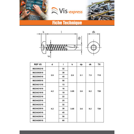 1 x Vis autoperceuse Tête cylindrique TC 6.3X38 TORX T30 Inox AISI 410