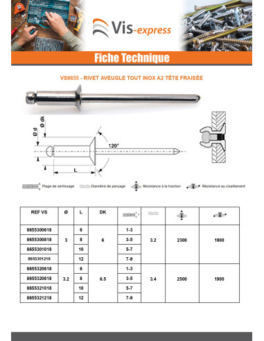1 x Rivet Aveugle Tout Inox Tête fraisée 3X12...