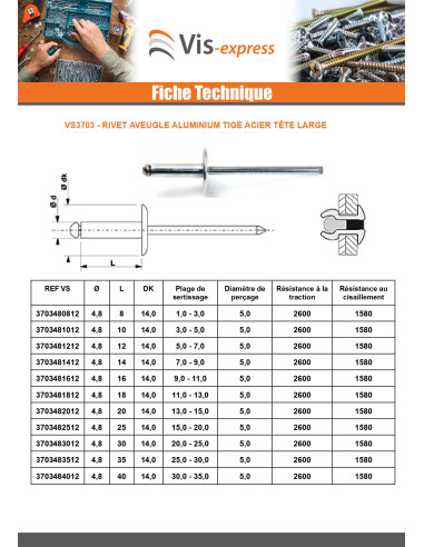 1 x Rivet aveugle Aluminium Tige acier 3.2X14...