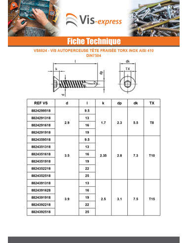 1 x Vis autoperceuse Tête fraisée 4.8X32 TORX...