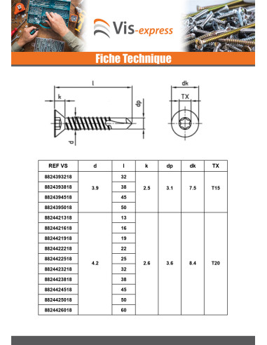1 x Vis autoperceuse Tête fraisée 4.8X32 TORX...