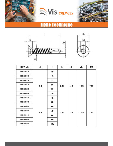 1 x Vis autoperceuse Tête fraisée 3.9X16 TORX...