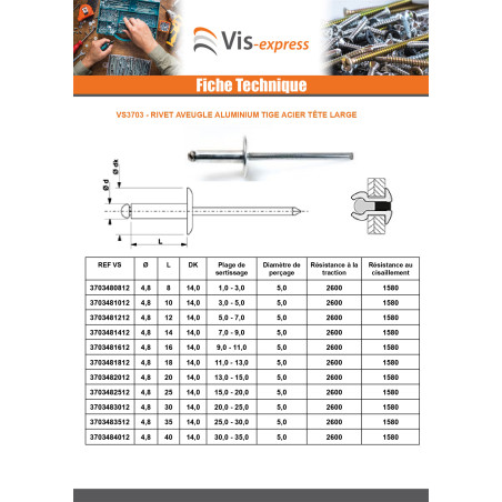 1 x Rivet aveugle Aluminium Tige acier 4.8X8 Epaisseur de serrage 1 à 3 Tête large ALX