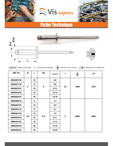 1 x Rivet Aveugle Tout Inox A4 Tête plate 4X16