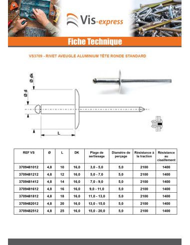1 x Rivet aveugle tout alu 4.8X14 Epaisseur de...