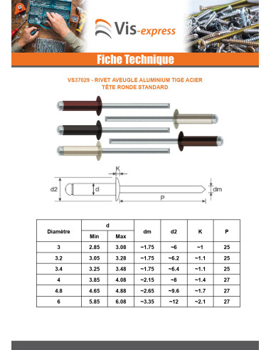 1 x Rivet aveugle Aluminium Tige acier 3.4X7...