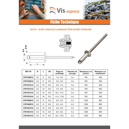 1 x Rivet aveugle tout alu 3.2X8 Tête Ronde Standard