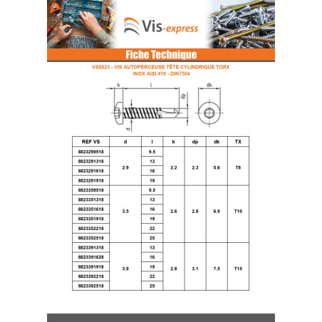 1 x Vis autoperceuse Tête cylindrique TC 4.8X19 TORX T25 Inox AISI 410