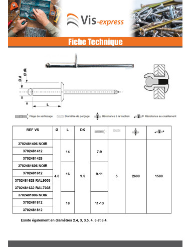 1 x Rivet aveugle Aluminium Tige acier 4.8X18...