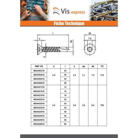 1 x Vis autoperceuse Tête fraisée 2.9X16 TORX T8 Inox AISI 410