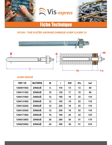 1 x Tige filetée Ancrage CHIMIQUE M12X160 Acier...