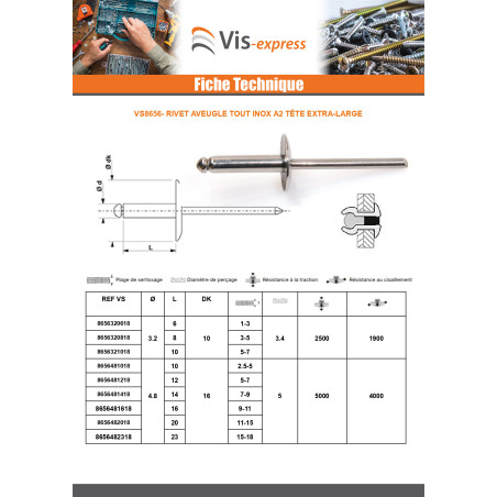 1 x Rivet Aveugle Tout Inox Tête extra large TEL 4.8X14 Epaisseur de serrage 7 à 9