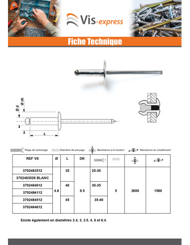 1 x Rivet aveugle Aluminium Tige acier 4.8X10...