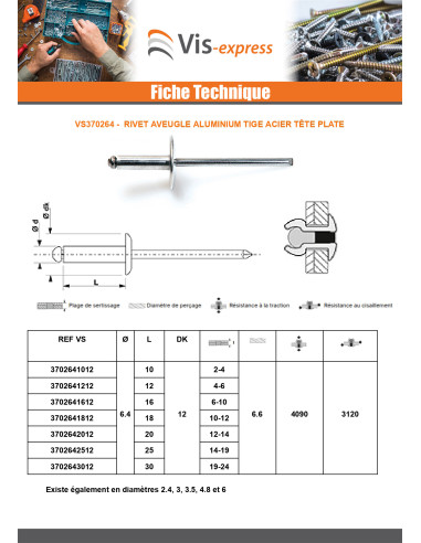 1 x Rivet aveugle Aluminium Tige acier 6.4X10...
