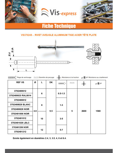 1 x Rivet aveugle Aluminium Tige acier 4.8X70...