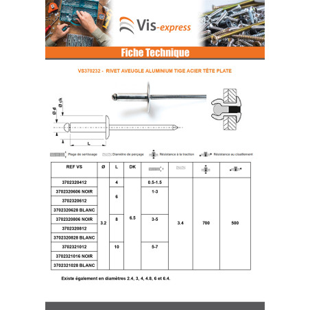 1 x Rivet aveugle Aluminium Tige acier 3.2X6 Epaisseur de serrage 1 à 3 Tête Ronde Standard Blanc