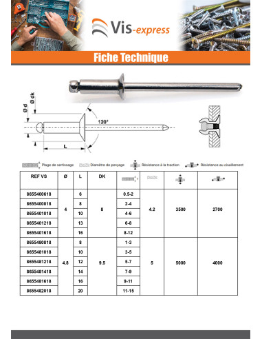 1 x Rivet Aveugle Tout Inox Tête fraisée 3X6...