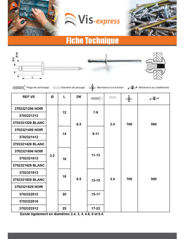 1 x Rivet aveugle Aluminium Tige acier 3.2X10...