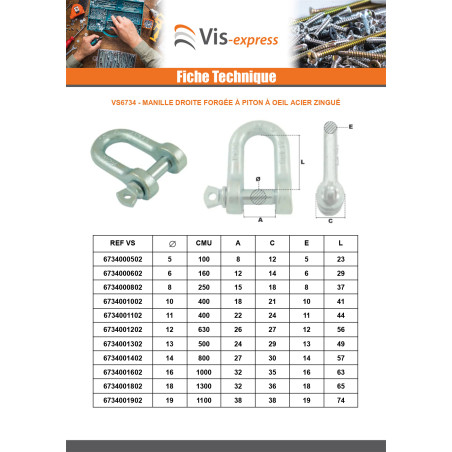 1 x Manille Droite à Piton à Oeil Acier zingué 10