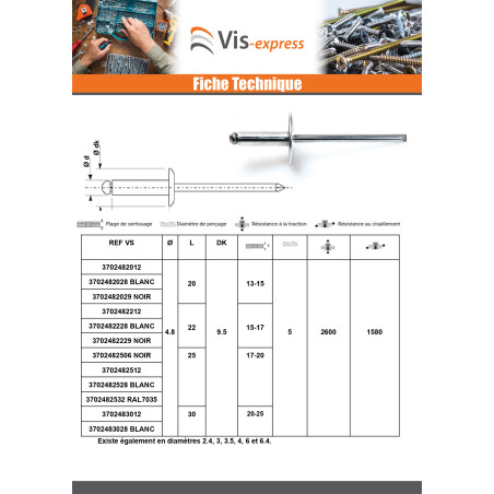 1 x Rivet aveugle Aluminium Tige acier 4.8X10 Epaisseur de serrage 3 à 5 Tête Ronde Standard ALX