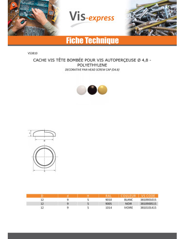 1 x Cache vis Tête cylindrique bombée TCB Vis...
