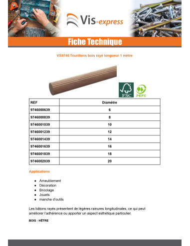 1 x Tourillon en bois strié Diamètre 14...