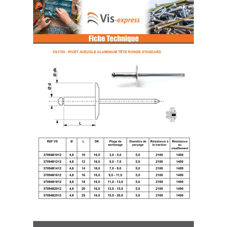 1 x Rivet aveugle tout alu 4.8X20 Epaisseur de serrage 13 à 15 Tête extra large TEL TA