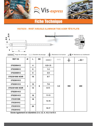 1 x Rivet aveugle Aluminium Tige acier 3X14...