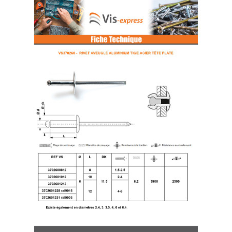 1 x Rivet aveugle Aluminium Tige acier 6X10 Epaisseur de serrage 2 à 4 Tête Ronde Standard ALX