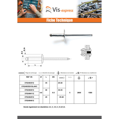 1 x Rivet aveugle Aluminium Tige acier 4.8X30 Epaisseur de serrage 20 à 25 Tête Ronde Standard Blanc