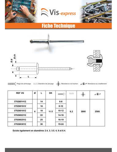 1 x Rivet aveugle Aluminium Tige acier 6X25...