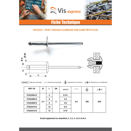1 x Rivet aveugle Aluminium Tige acier 2.4X6 Epaisseur de serrage 2 à 4 Tête Ronde Standard ALX