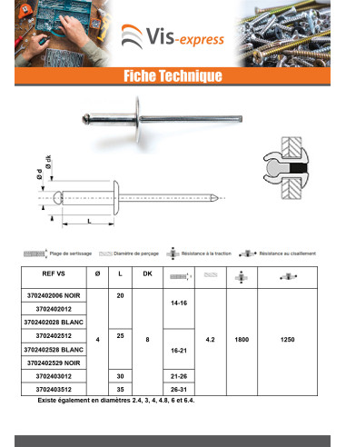 1 x Rivet aveugle Aluminium Tige acier 4X6...