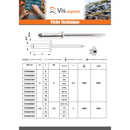 1 x Rivet aveugle tout acier ZING 3.2X16 Epaisseur de serrage 11 à 13 Tête plate