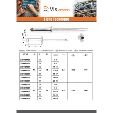 1 x Rivet aveugle tout acier ZING 3.2X16 Epaisseur de serrage 11 à 13 Tête plate
