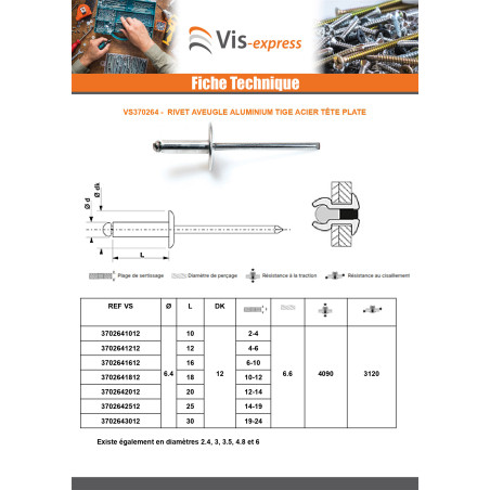 1 x Rivet aveugle Aluminium Tige acier 6.4X12 Epaisseur de serrage 4 à 6 Tête Ronde Standard ALX