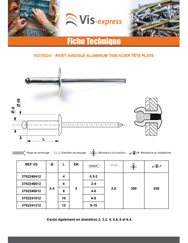 1 x Rivet aveugle Aluminium Tige acier 2.4X4...