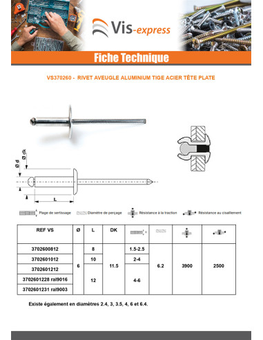 1 x Rivet aveugle Aluminium Tige acier 6X12...