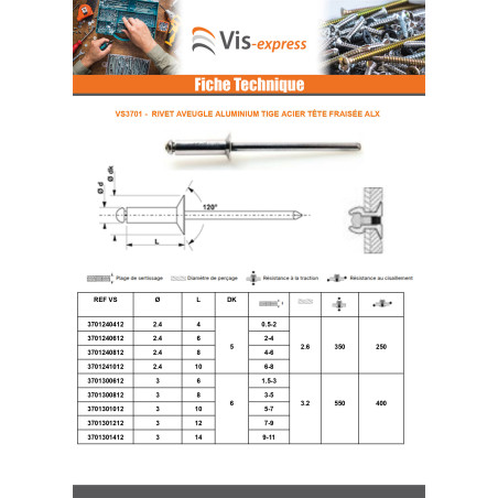 1 x Rivet aveugle Aluminium Tige acier 4.8X14 Epaisseur de serrage 7 à 9 Tête fraisée ALX