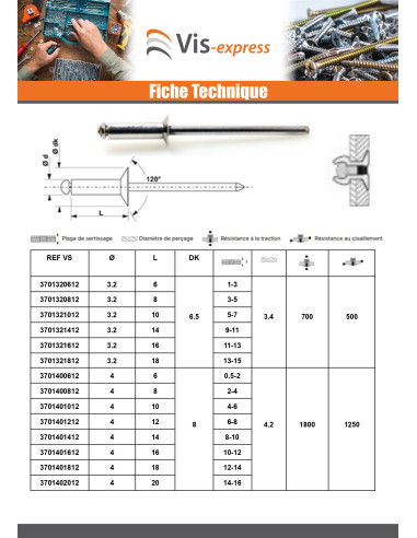 1 x Rivet aveugle Aluminium Tige acier 4.8X14...