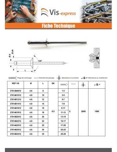 1 x Rivet aveugle Aluminium Tige acier 4.8X14...