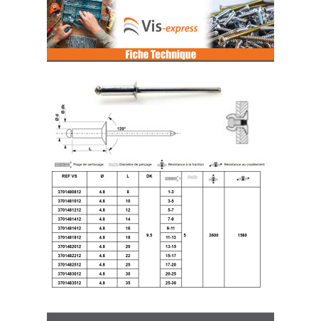 1 x Rivet aveugle Aluminium Tige acier 4.8X14 Epaisseur de serrage 7 à 9 Tête fraisée ALX