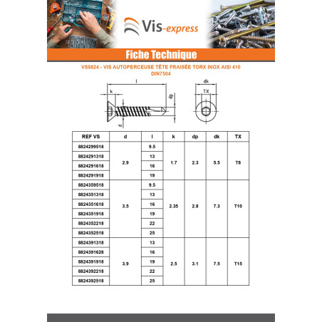 1 x Vis autoperceuse Tête fraisée 4.8X60 TORX T25 Inox AISI 410