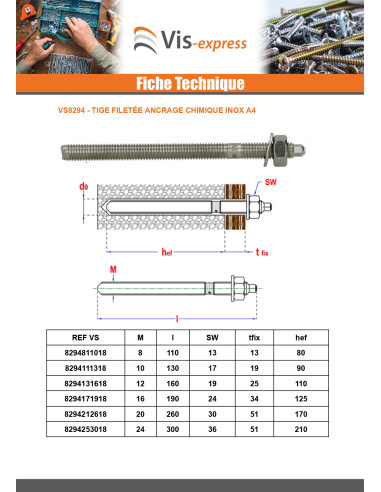 1 x Tige filetée Ancrage CHIMIQUE M20X260 Inox A4
